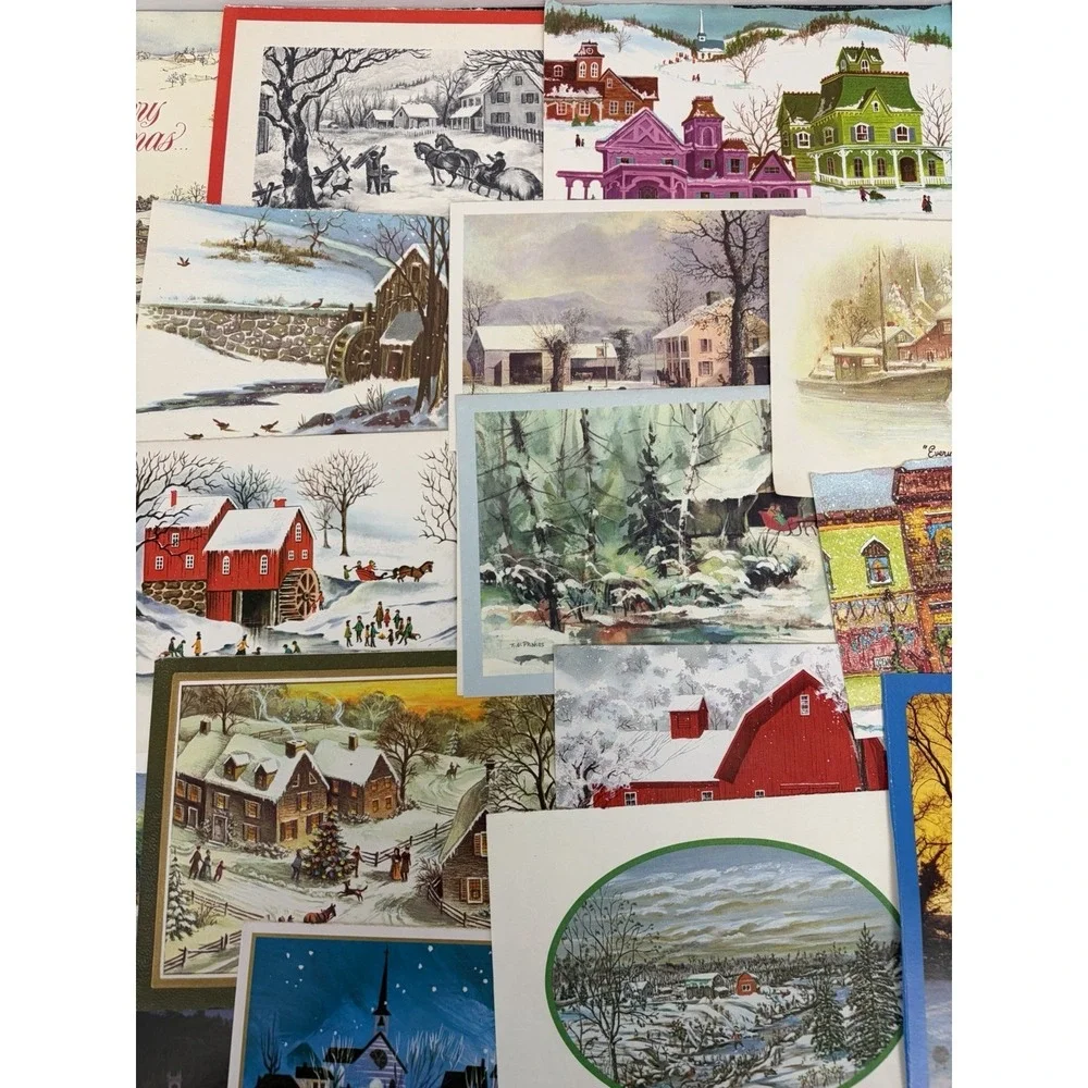 Vintage Christmas Cards Fronts ONLY Houses Barns Bridges Scrapbooking Crafts 50+